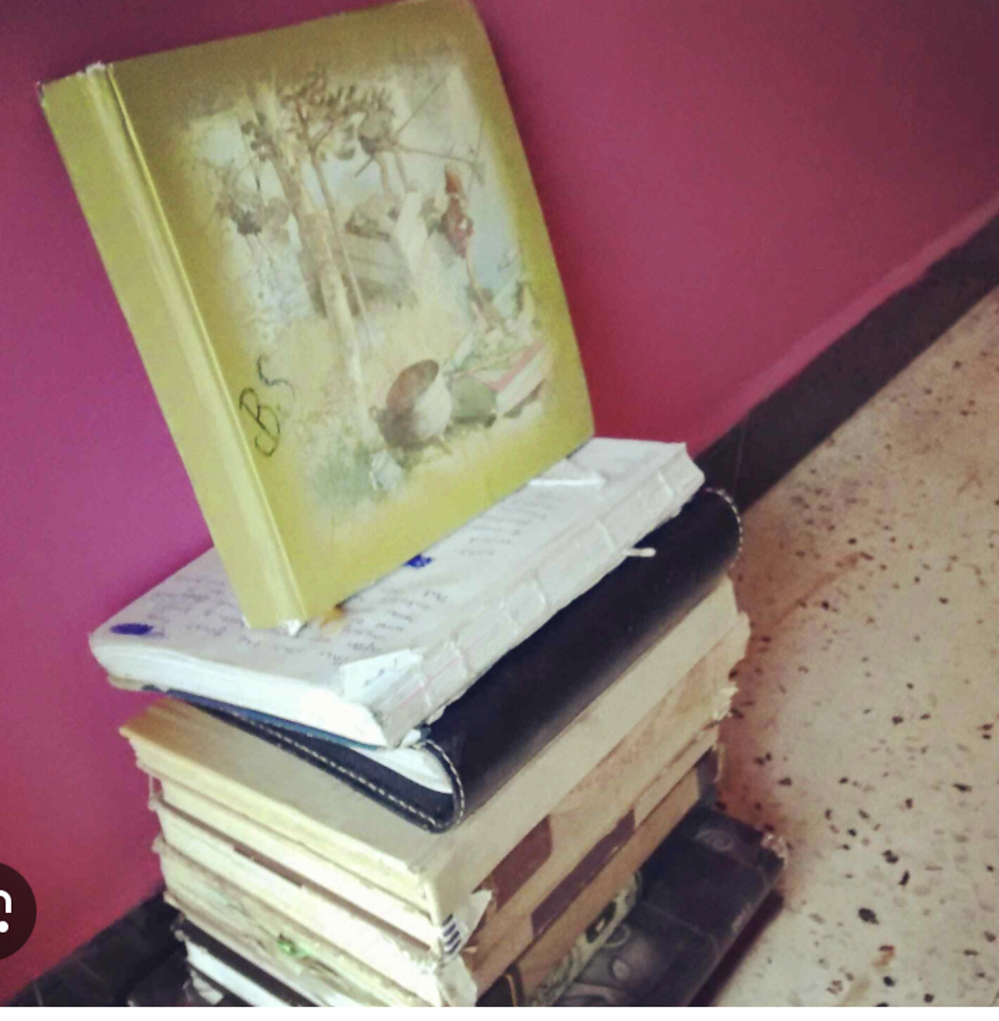 The actual stack of Bhavik Sarkhedi's ten handwritten diaries against a pink wall in Jetpur