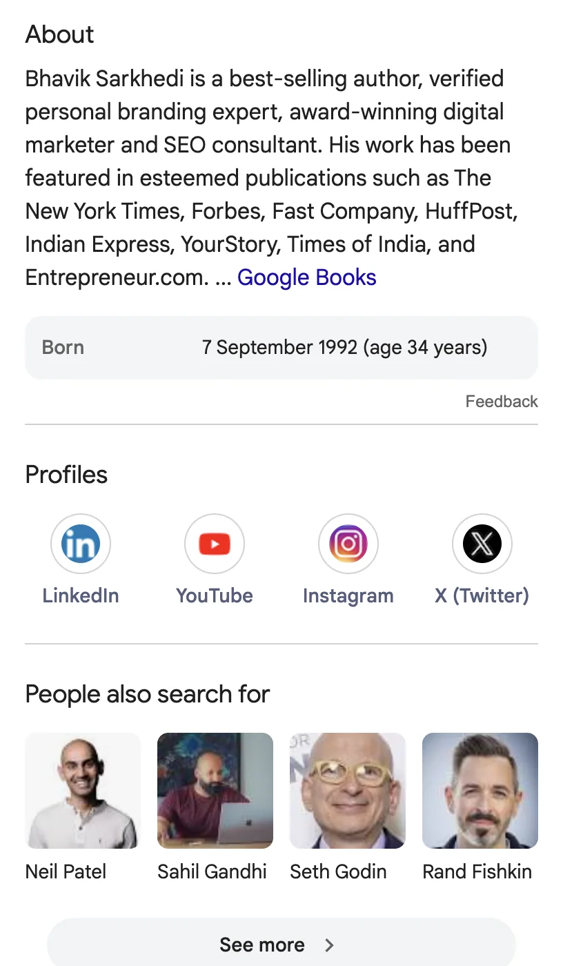 Google Knowledge Panel for Bhavik Sarkhedi, showing About, profiles and people also search for