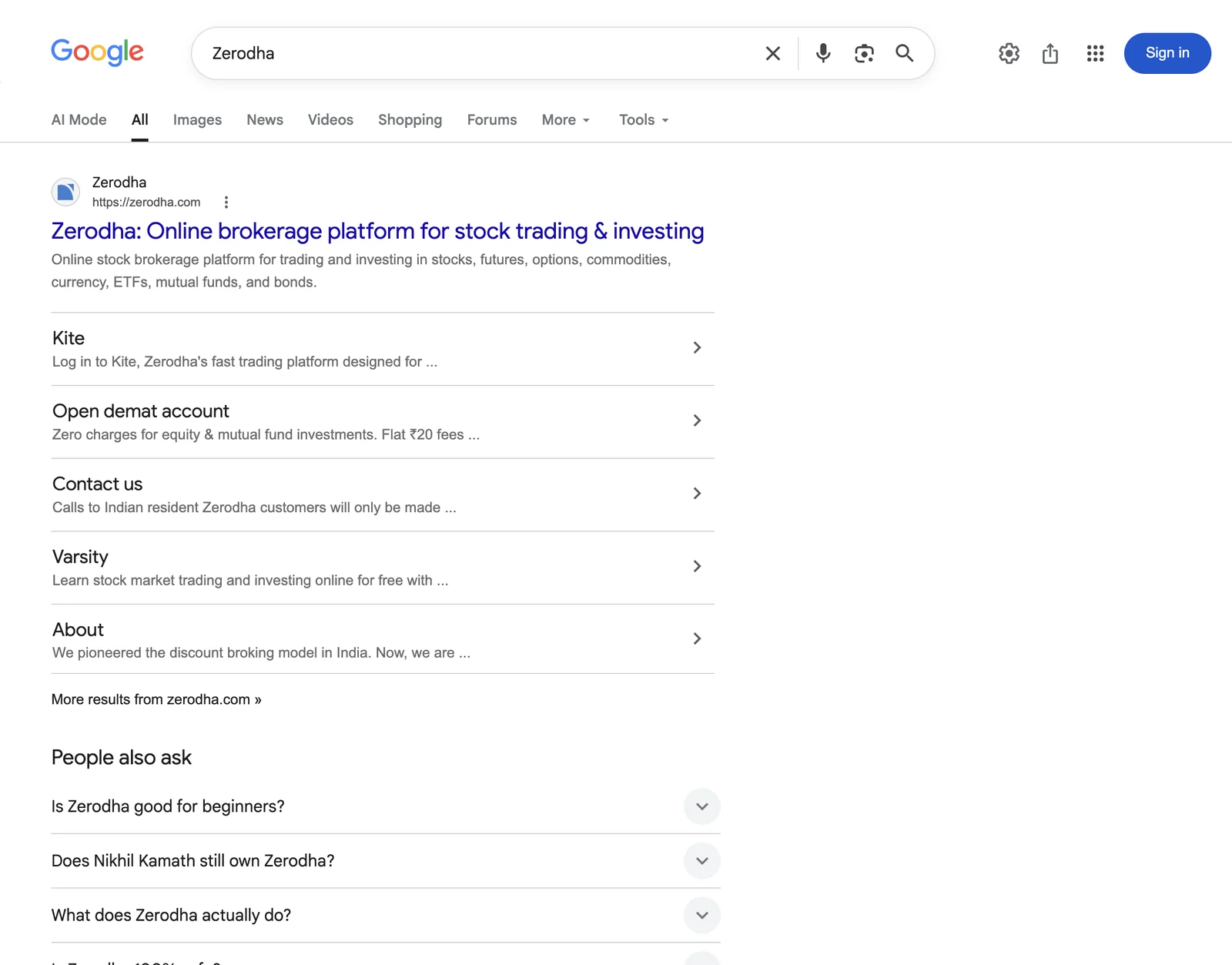 Google results for Zerodha showing sitelinks rather than a knowledge panel